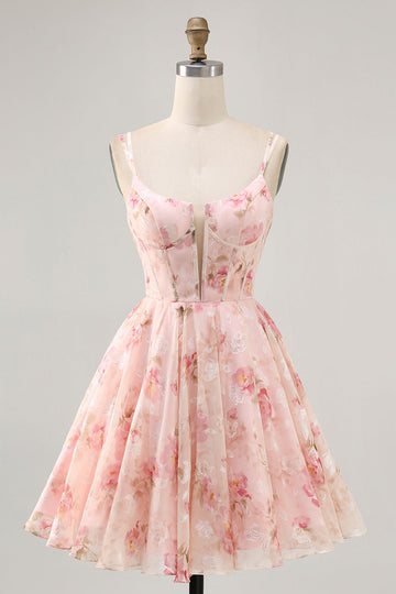 Blush Floral A Line Square Neck Corset Printed Short Prom Dress
